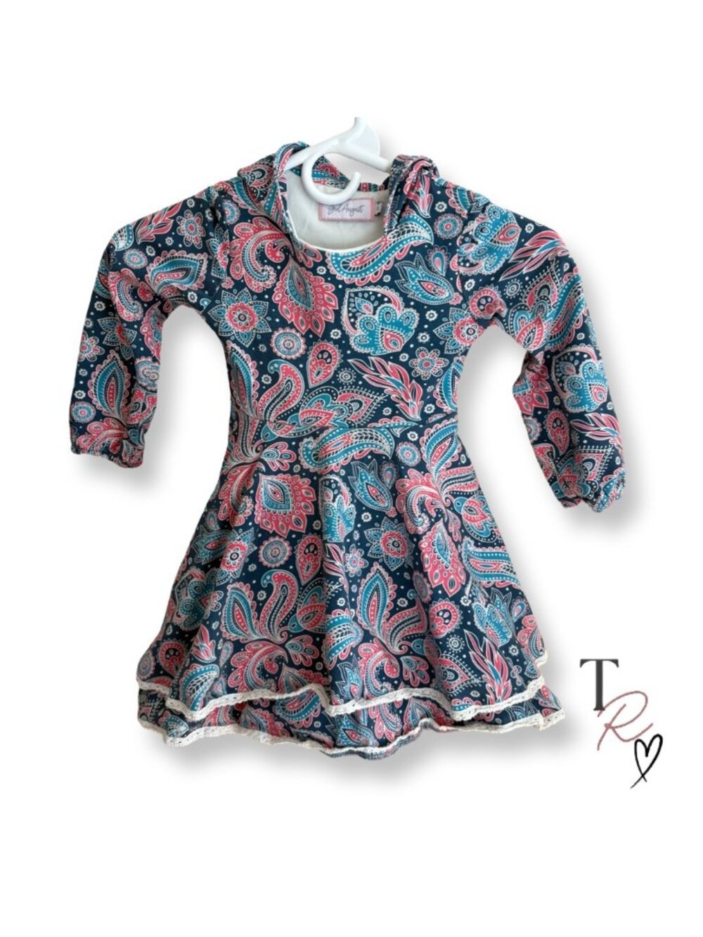 Girl August Paisley Print Hooded Dress Blue & Pink Lace Hem Girls SIze 4 or 4T